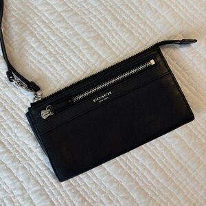 Coach Black Leather Wristlet with Silver Accents